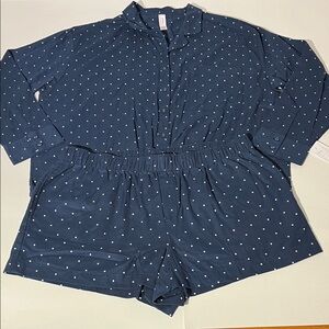 Auden Sleepwear Navy Polka Dots Flannel Pajama Set Large NEW! Long Sleeve Shorts